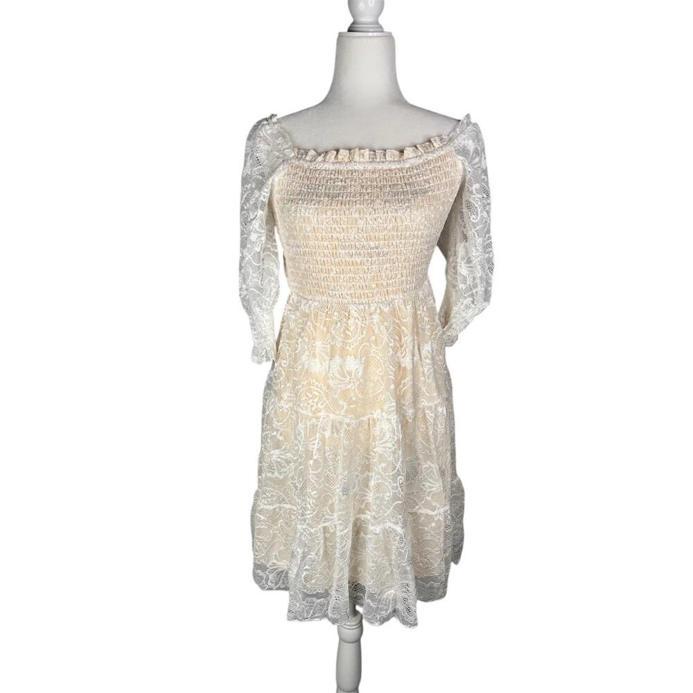 BALTIC BORN Women's Off White Tate Smocked Lace Mini Dress NWT Large - Picture 1 of 7